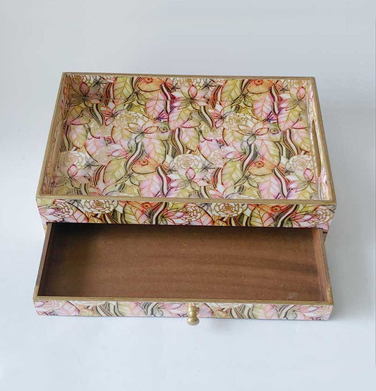 Golden Pink Garden Wooden Rectangular Tray With Drawer : Grey Pottery