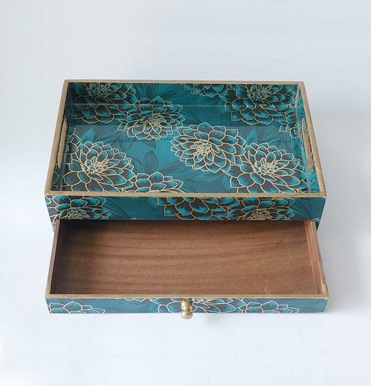 Golden Deep Blue Wooden Rectangular Tray With Drawer : Grey Pottery
