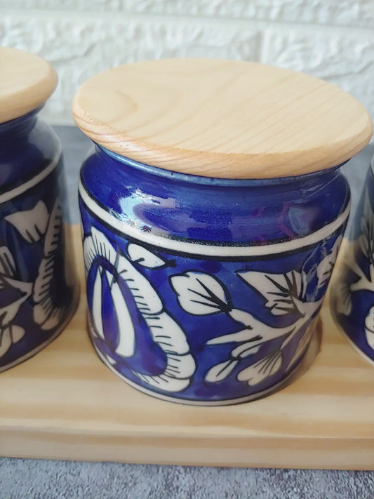 The Blue Bloomers   Ceramic Kimchi Pickle Jar Set with wooden lid and tray