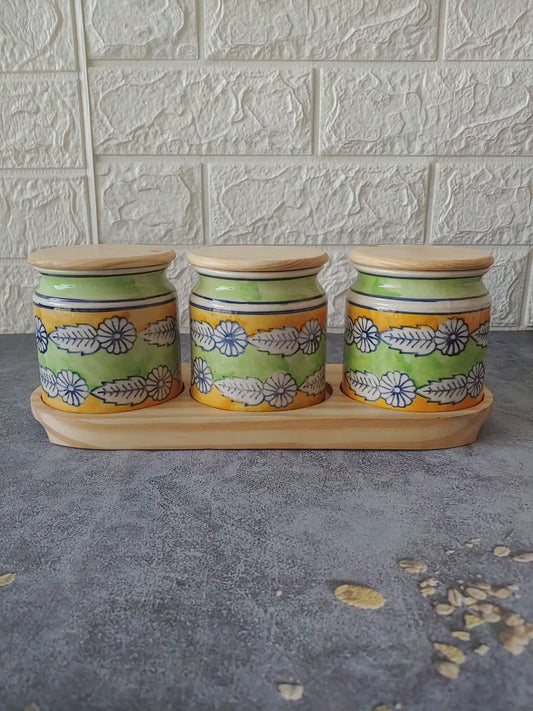 The Pantry Pals Ceramic Kimchi Pickle Jar Set with wooden lid and tray