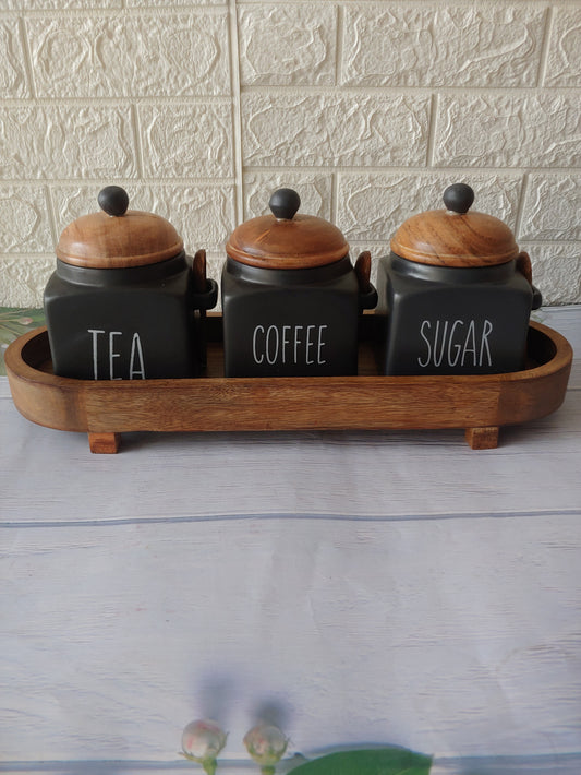 Black Tea Coffee Sugar Ceramic Canisters Grey Pottery 500 ml