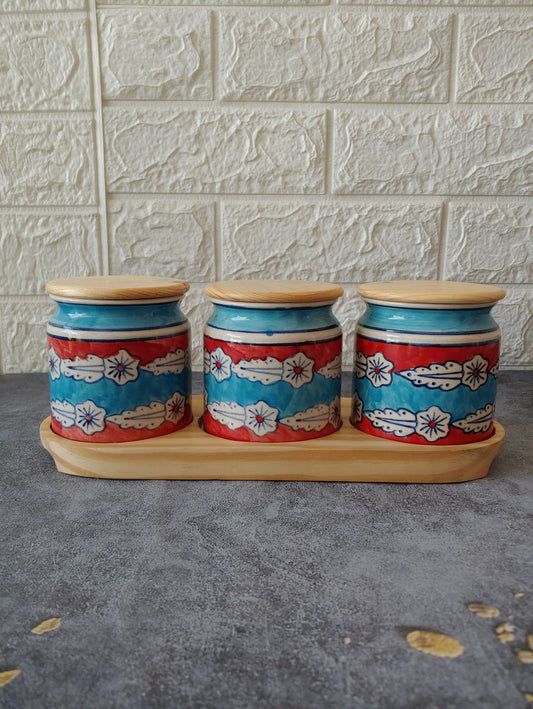 The Spice Trio of Treats  Ceramic Kimchi Pickle Jar Set with wooden lid and tray