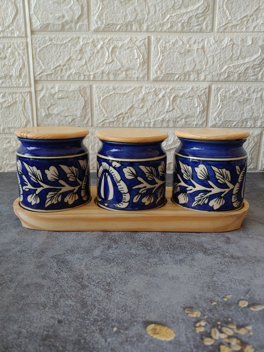 The Blue Bloomers   Ceramic Kimchi Pickle Jar Set with wooden lid and tray