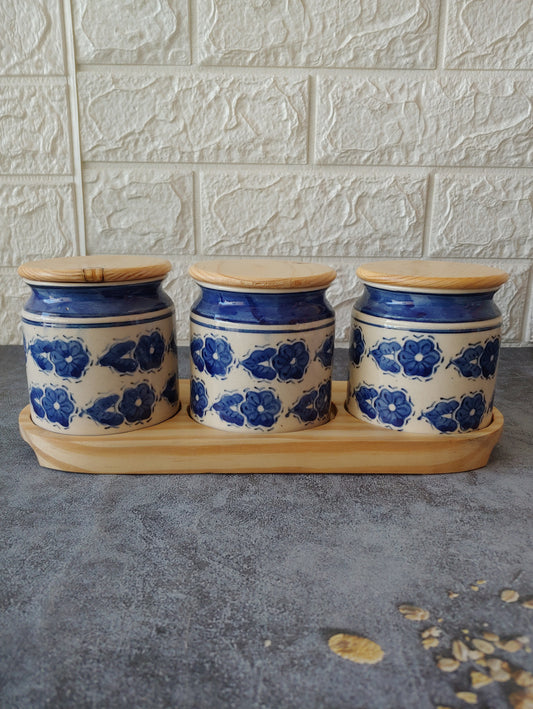 The Coastal Collection  Ceramic Kimchi Pickle Jar Set with wooden lid and tray