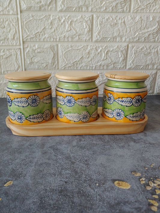 The Pantry Pals Ceramic Kimchi Pickle Jar Set with wooden lid and tray