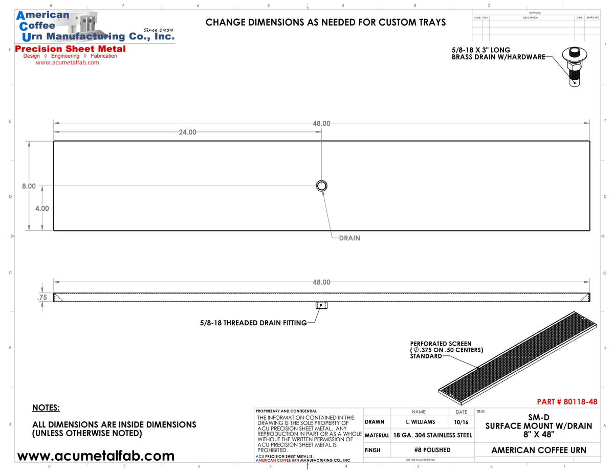 8 X 48 Surface Mount Drip Tray With Drain S S 8 Acu Precision Sheet Metal