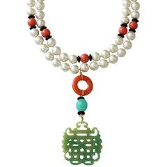Kenneth Jay Lane 2 Row Faux Glass Pearl Coral Carved Jade Pendant Necklace $100.00