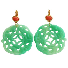 Kenneth Jay Lane Carved Round Oriental Faux Jade Coral Resin Pierced Earrings 8860ELCJ $50.00