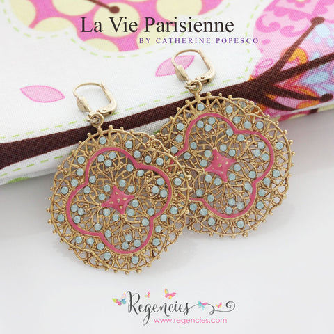 La Vie Parisienne by Catherine Popesco French Enamel Filigree Swarovski Earrings Coral Pacific Opal