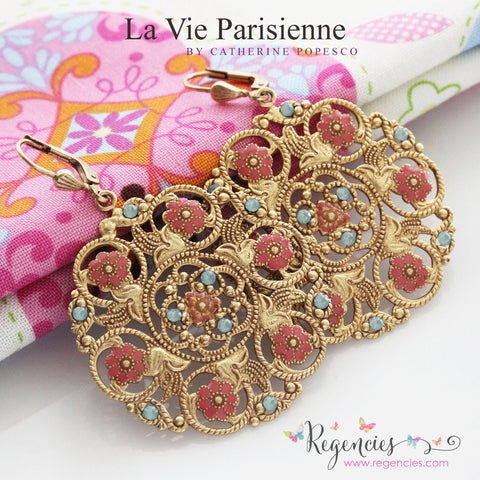 La Vie Parisienne by Catherine Popesco French Enamel Swarovski Medallion Earrings Coral Pacific Opal