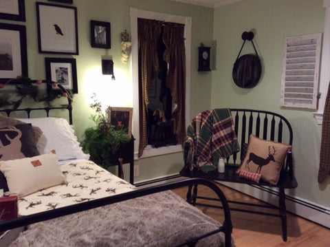 Room scene with bed pillows and curtains