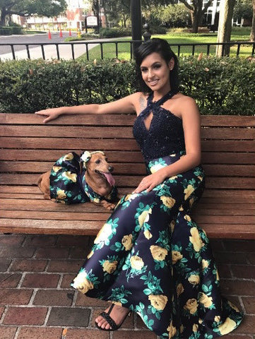 girl & dog sitting on bench with dresses matching for prom