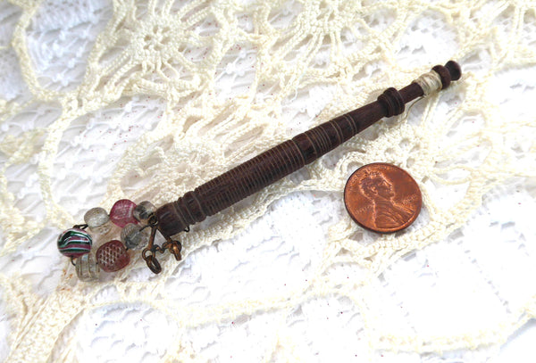 Vintage wood lace bobbin bead spangle Thin wooden bobbin spangled with glass beads English East Midlands type England