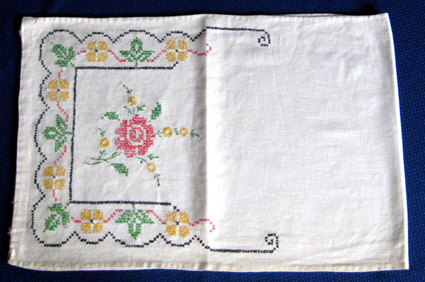 Long Embroidered Dresser Scarf 1920s Linen 40 Inches Cross Stitch