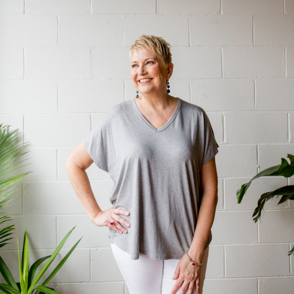 Susan wearing our grey Alexa tee 