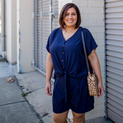 Jayanita in our Nicole blouse and Bec shorts in navy