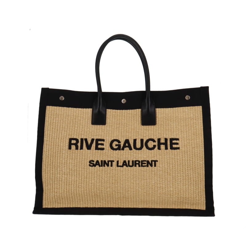 rive gauche large tote bag in embroidered raffia and leather