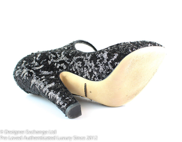Dolce And Gabbana Sequin Black Strap Mary Jane Heels EUR39 UK 6