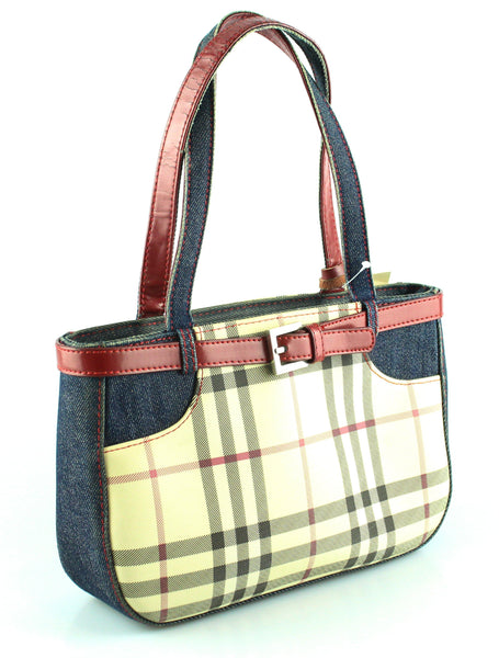 Burberry House Check Denim Patch Buckle Mini Tote With Red Leather Trim