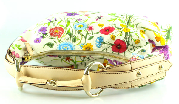 Gucci Floral Canvas Horsebit Chain Medium Hobo Cream