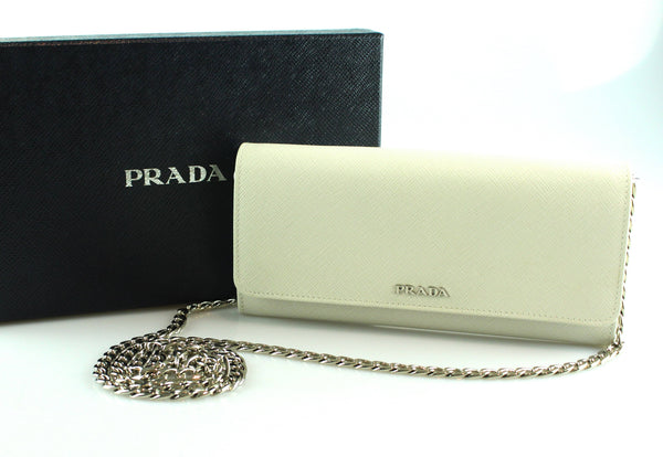 Prada White Wallet On Chain Saffiano Leather