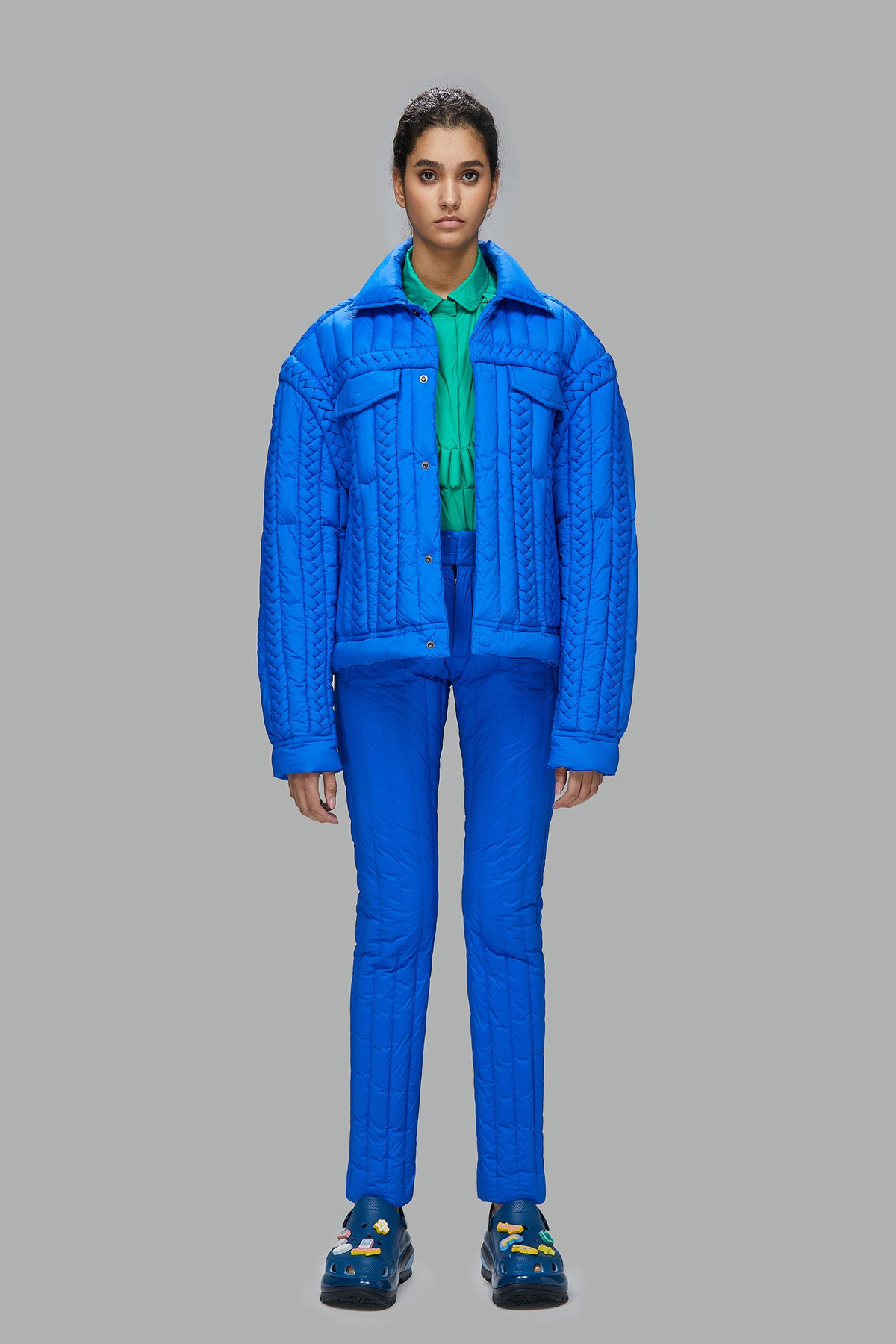 SAPPHIRE BLUE WOVEN TRIM CHIN" DOWN JACKET