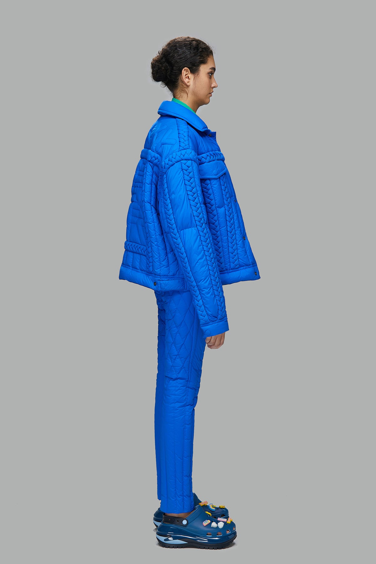 SAPPHIRE BLUE WOVEN TRIM CHIN" DOWN JACKET