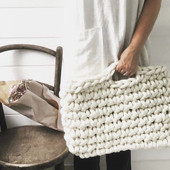 Forever Farmhouse using Plump & Co chunky yarn crafted ethically in nz using merino wool to make xxl hand made blankets, scarfs and wall hangings with our giant needles and crochet hooks