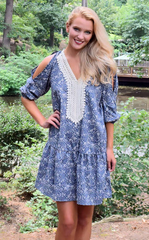 Fall Into You Open Shoulder Floral Drop Waist Dress – Blue