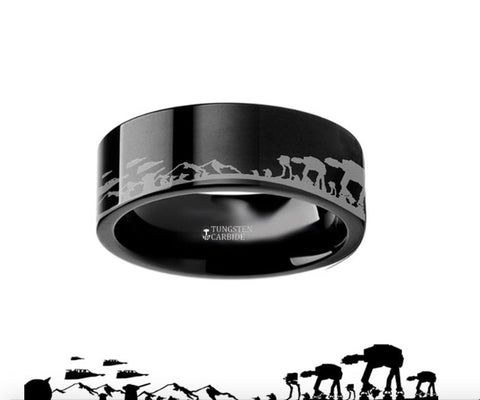 Hoth Battle Star Wars Alliance Black Tungsten Engraved Ring - 4mm - 8mm