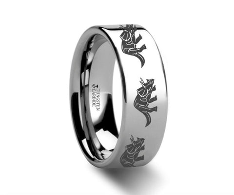 Dinosaur Rings Triceratops Ring Engraved Flat Polished Tungsten Ring - 4mm - 8mm