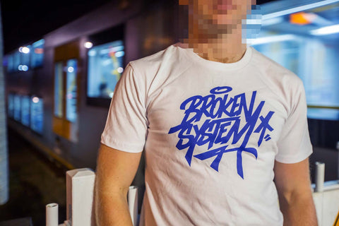 Broken System Tee Mens White with Blue Print