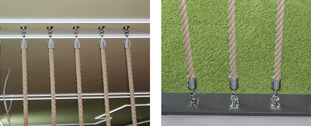 Rope wall installtion - showing the bottom fittings and ceiling fittings