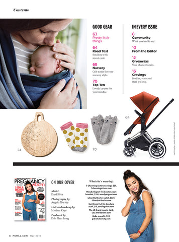 Pregnancy and Newborn Magazine May 2018 Issue Content Page Featuring Catwalk Earrings by 7 Charming Sisters Jewelry Company
