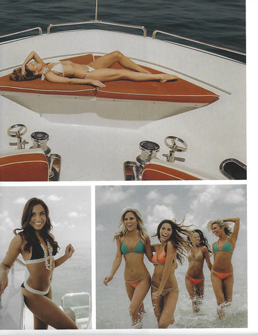 Miami Dolphins Cheerleader in White Bikini Lounging on Orange Cushion On Yacht Boat Wearing Beaded Beach House Statement Necklace by 7 Charming Sisters