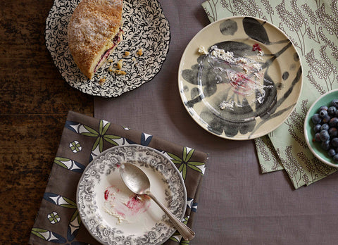 Linen Union Tablecloth in Stone Grey, Navajo and Maricopa Pattern Napkins