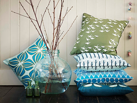 Cushions in Turquoise, Olive and Celeste Blue