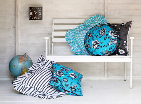 Autumn Stripe & Palermo Stripe Ruffle Cushions in Pacific Blue and Black