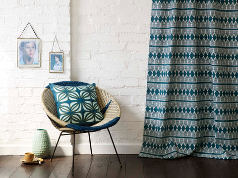 Huts Fabric in Petrol Blue made into curtains and Nina cushion in Petrol Blue