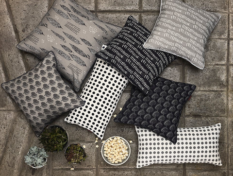 etoile home decorative pillows in black, grey and whites. Monochrome