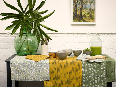 Tea Towels and Napkins in Mustard Yellow, Avocado Green and Moss Green