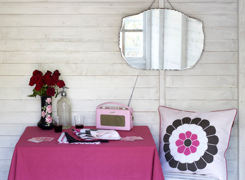 Linen Union Tablecloth in Heather Pink with Ravenna Cushion in Tea Rose