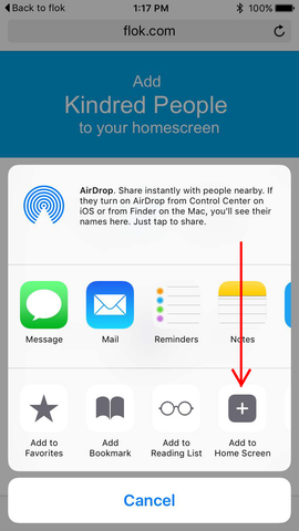 Click add to home screen button | flok | Kindred People