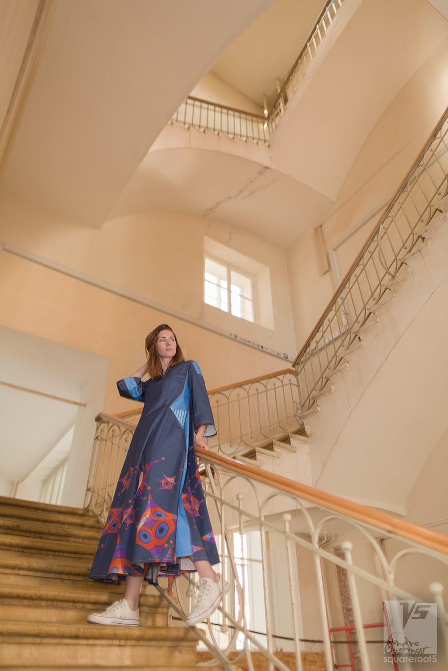 Dark blue long dress. Organic avant-garde clothes with geometric pattern. stairway