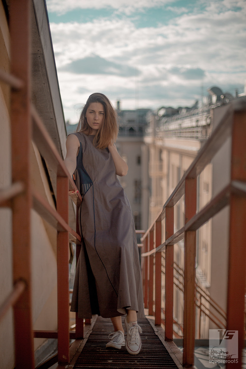 Experimenta ultramarine long dress "Octahedron" with long sleeves. Organic avant-garde clothes. stairway