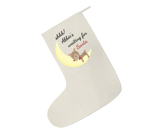 SS20 - Shhh! (Name) is waiting for Santa Personalised Christmas Canvas Santa Stocking