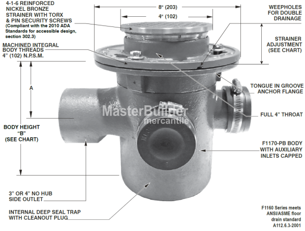 Mifab F1163 4 1 6 Prison Cell Floor Drain W 3 No Hub Connection