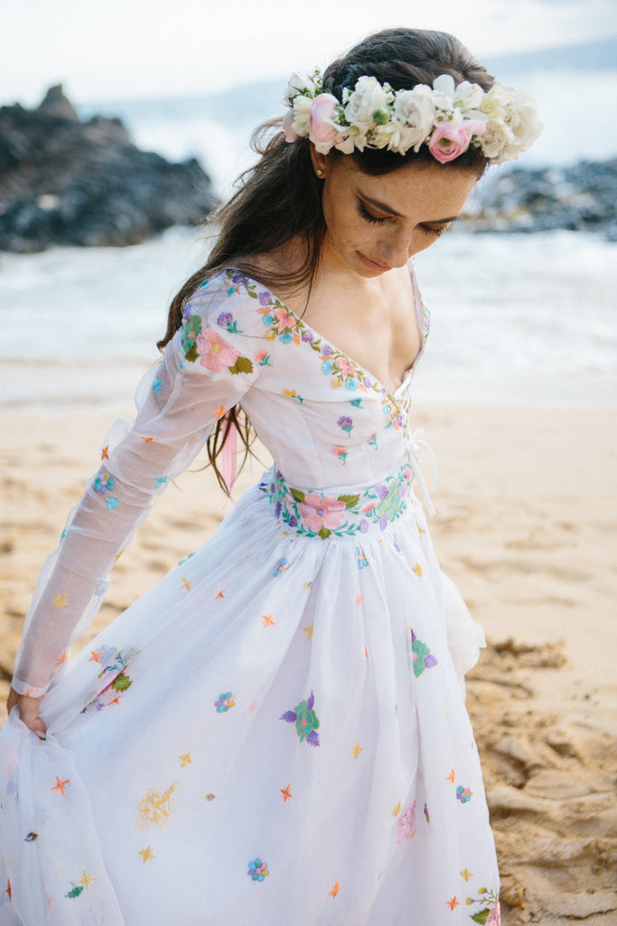 The florals were all done by hand using a silk embroidery technique