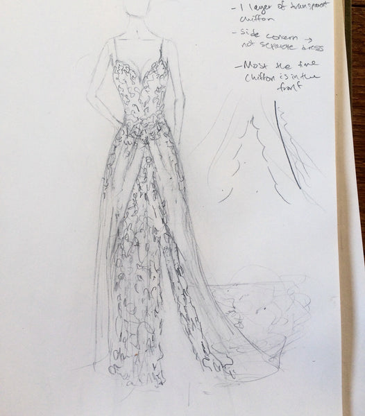 The original Evan Allison dress sketch, which was later changed to reduce layers.