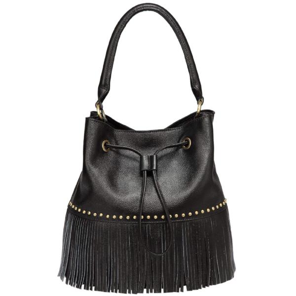 leather fringe bucket bag